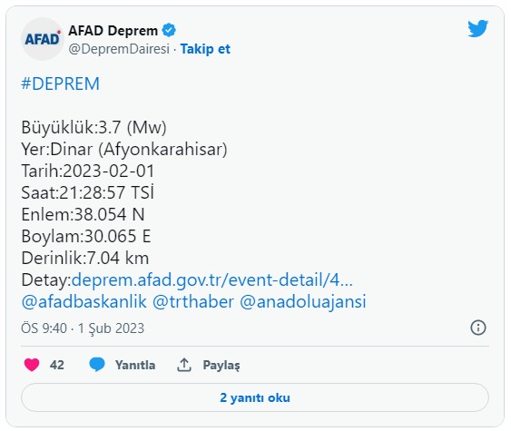 Afyonkarahisar'da 3.7 büyüklüğünde deprem!